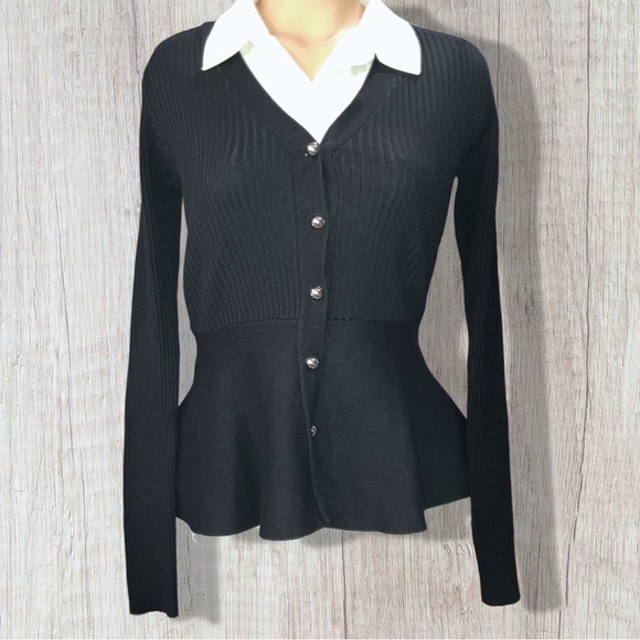 Commense V-neck Peplum Ruffle Long Sleeve Silver Button Cardigan Sweater Medium - Picture 9 of 9